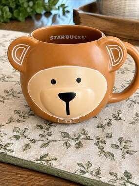 Starbucks Bear Face Ceramic Coffee Mug Brown 14 oz Collectible Tea Cup